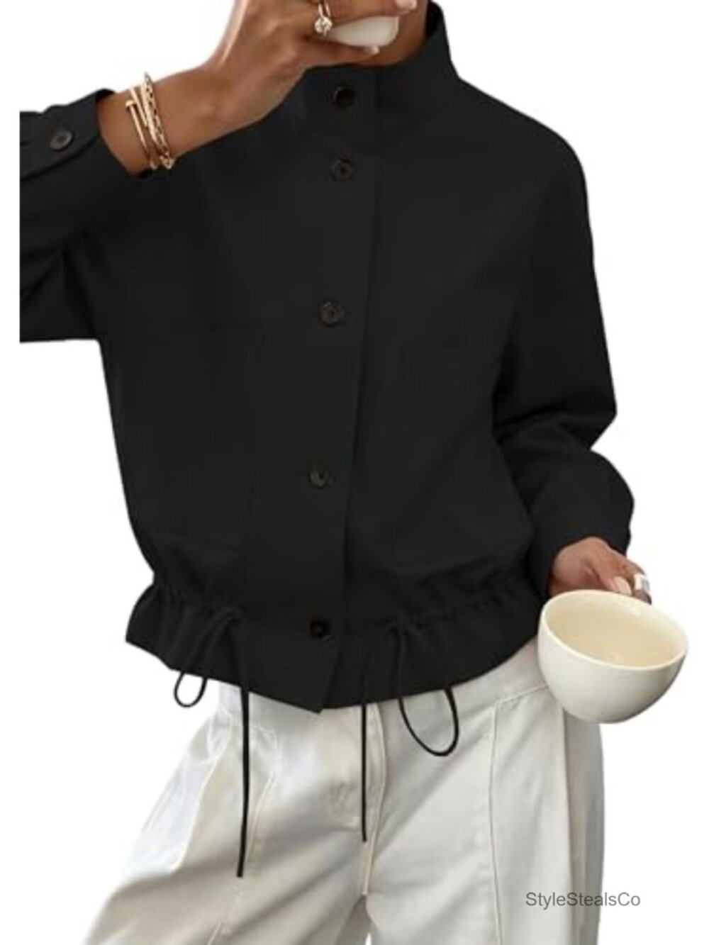 Women's Funnel Neck Cropped Jacket Oversized Button Front Casual Polyester